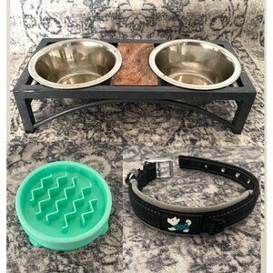 Puppy Bowls and stand,  Slow Feeder and Collar Bundle
